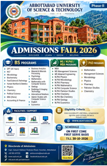 Admission notice for Abbottabad University Of Science And Technology (AUST) Abbottabad